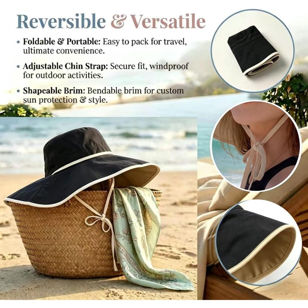 Women Wide Brim Summer Sun Hat UPF 50+ Protection Outdoor Beach Bucket Hat Reversible Foldable Adjustable Chin