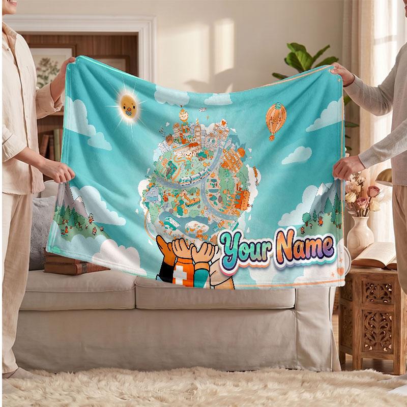 Toca Boca Personalized Flannel Blanket, Custom Printed Text Name, Warm Soft Blanket For Couch Bed