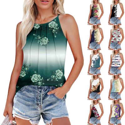 Женские летние майки-топы с плиссировкой и принтом O-образного выреза, повседневные майки-топы для женщин, свободные рубашки без рукавов