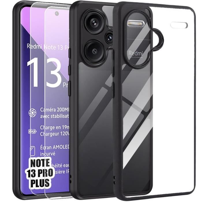 Coque - E.F.CONNECTION - Pour Xiaomi Redmi Note 13 Pro+ 5G - Transparent Rigide + Silicone Noir - 2 Verres Trempés