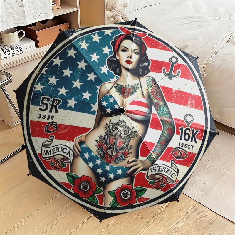 1pc American flag design Umbrella Portable Folding Umbrella Iron Frame Hole Bone Structure Outdoor Home Umbrella