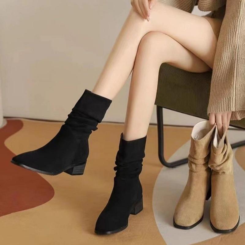 Winter High Quality Women's Boots Fashion Solid Color Round Toe Medium Heel Sleeve Versatile Women's Short Boots