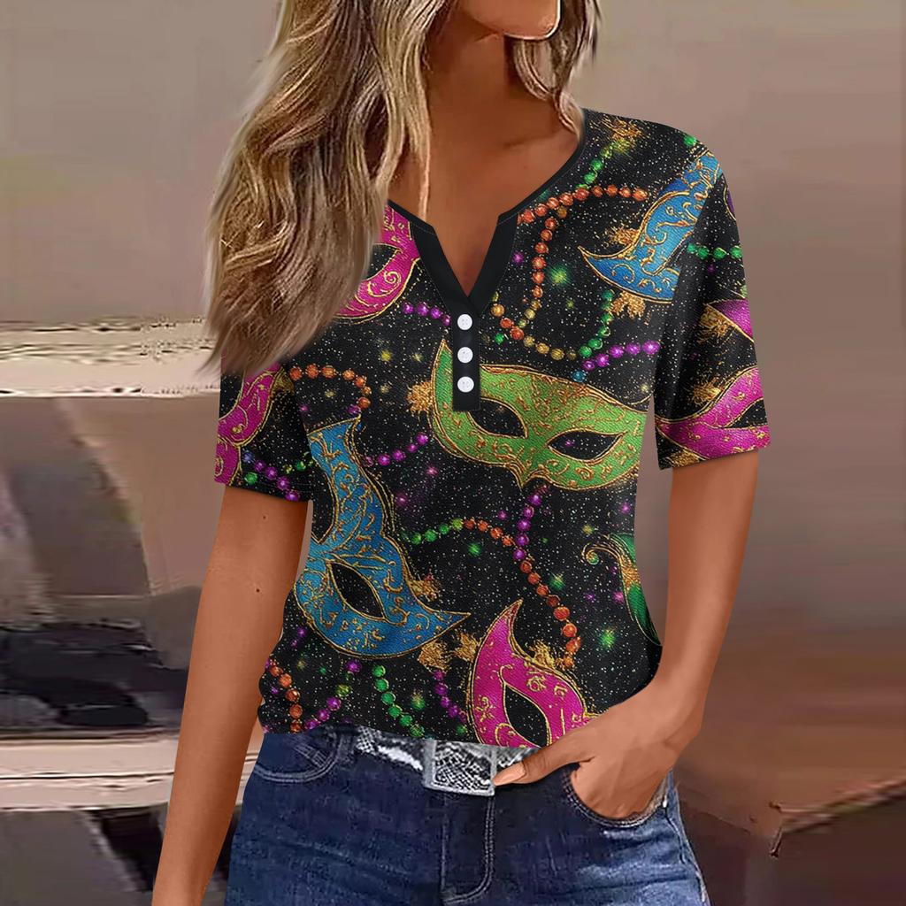 Жен. Футболка Футболка С принтом Пуговицы С короткими рукавами Повседневные Выходные Мода Классический V-образный вырез Обычный Верх
