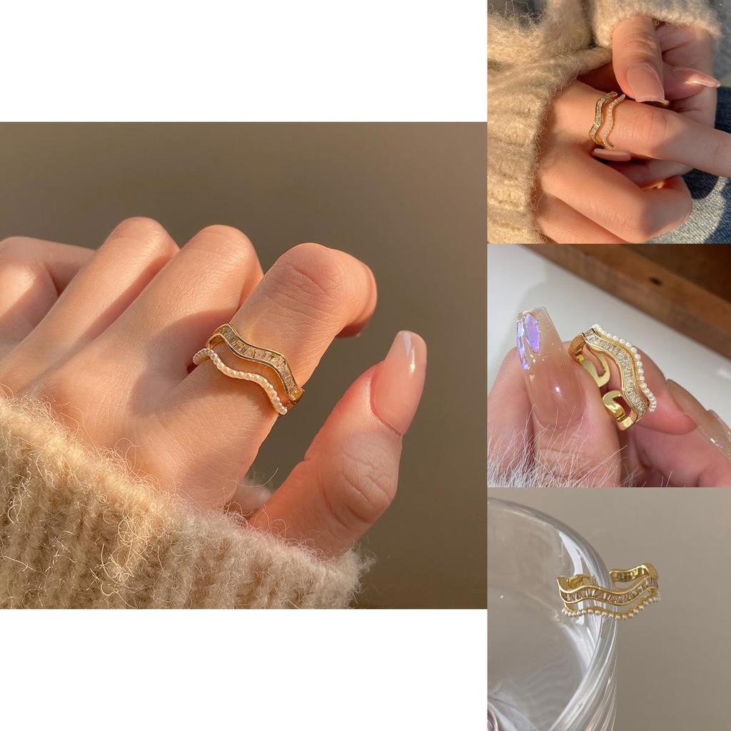Elegant Korean Style Double Layer Wave Pearl Zircon Open Adjustable Ring For Women