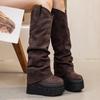 2025 Autumn and Winter New High Boots Women's Thick-soled Wrinkled Trouser Tube Boots Suede Inner Height Increase Stacking Boots Elasticity
