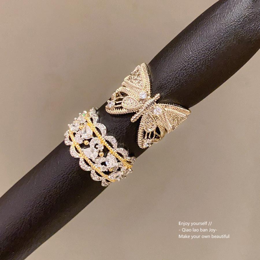 Zircon Openstyle Copper Ring For Women In Light Gold With Modern Geometric Shape