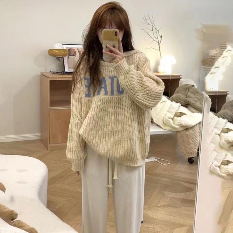 Женский пуловер в ленивом стиле с надписью, осенне-зимний, высококачественный, мягкий, крупной вязки, милый, утепленный