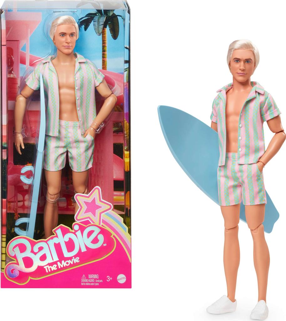 Barbie Movie Ken Doll Pastel Pink and Green Striped Beach Matching Set with Surfboard and White Sneakers