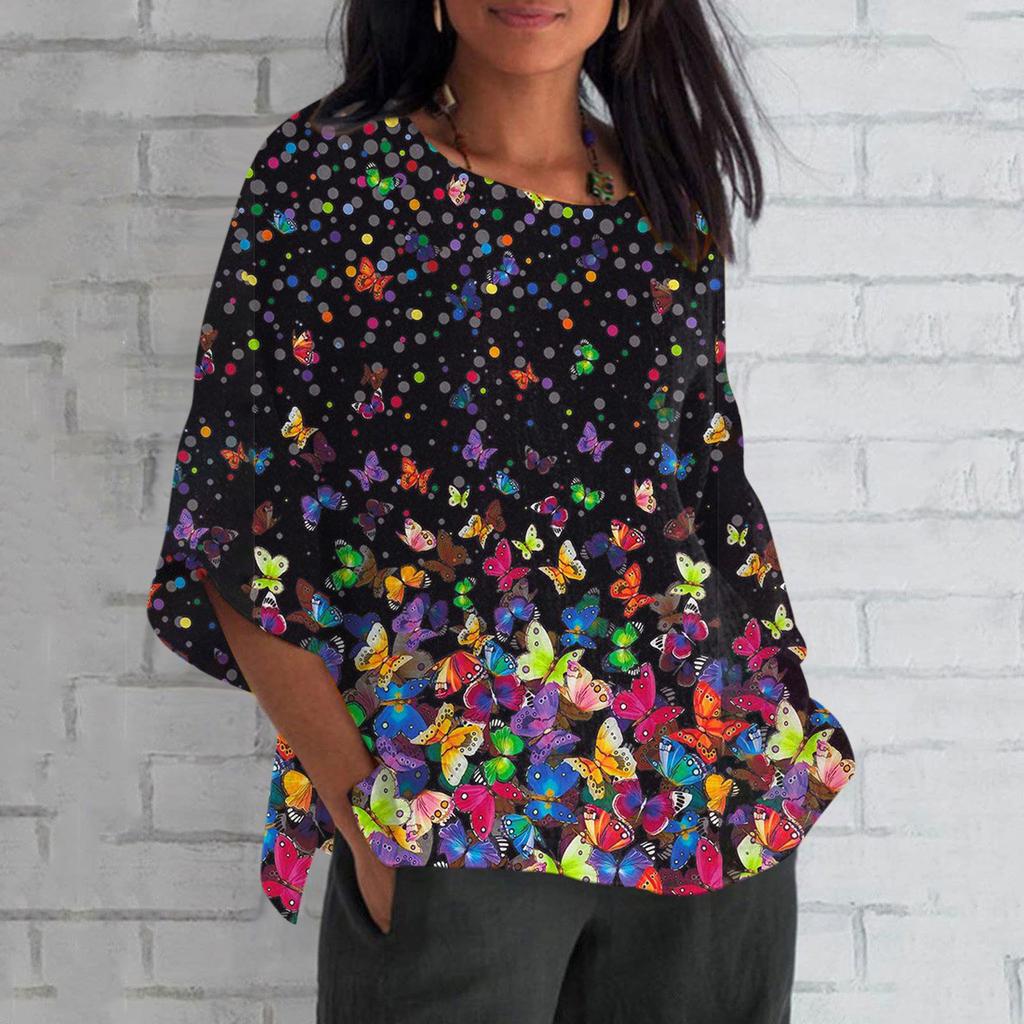 Women Summer Cotton Linen Tshirt Tops Printing Loose Fit Blouse 3/4 Sleeve Vintage Crewneck Plus Size Clothes