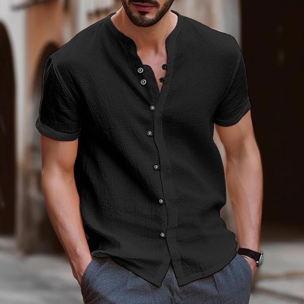 Men's Beach Style Short Sleeve Shirts Casual Loose Solid Color Retro Button Cardigan Fashion Outdoor Streetwear T-shirt