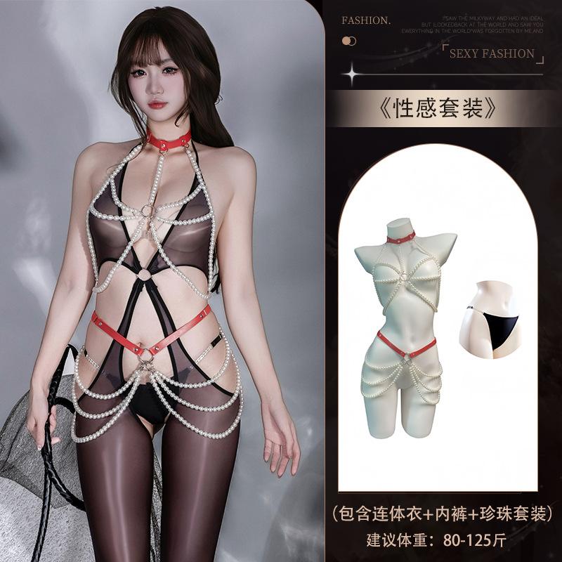 Sexy underwear hot sexy pure desire flirting perspective hollow high elastic horse oil light open crotch pearl onesie women
