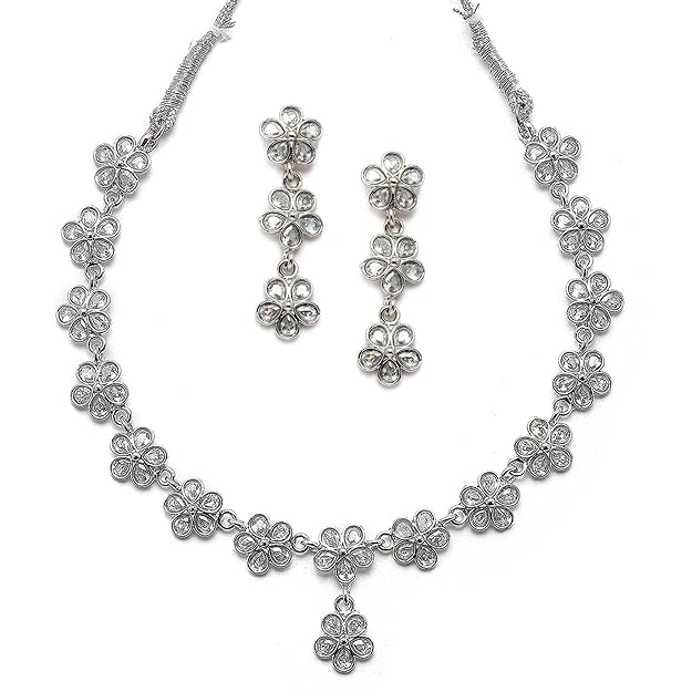 Oxidised Silver-Plated Flower Shaped American Diamond Studded Necklace Earrings Jewellery Set for Girls and Women