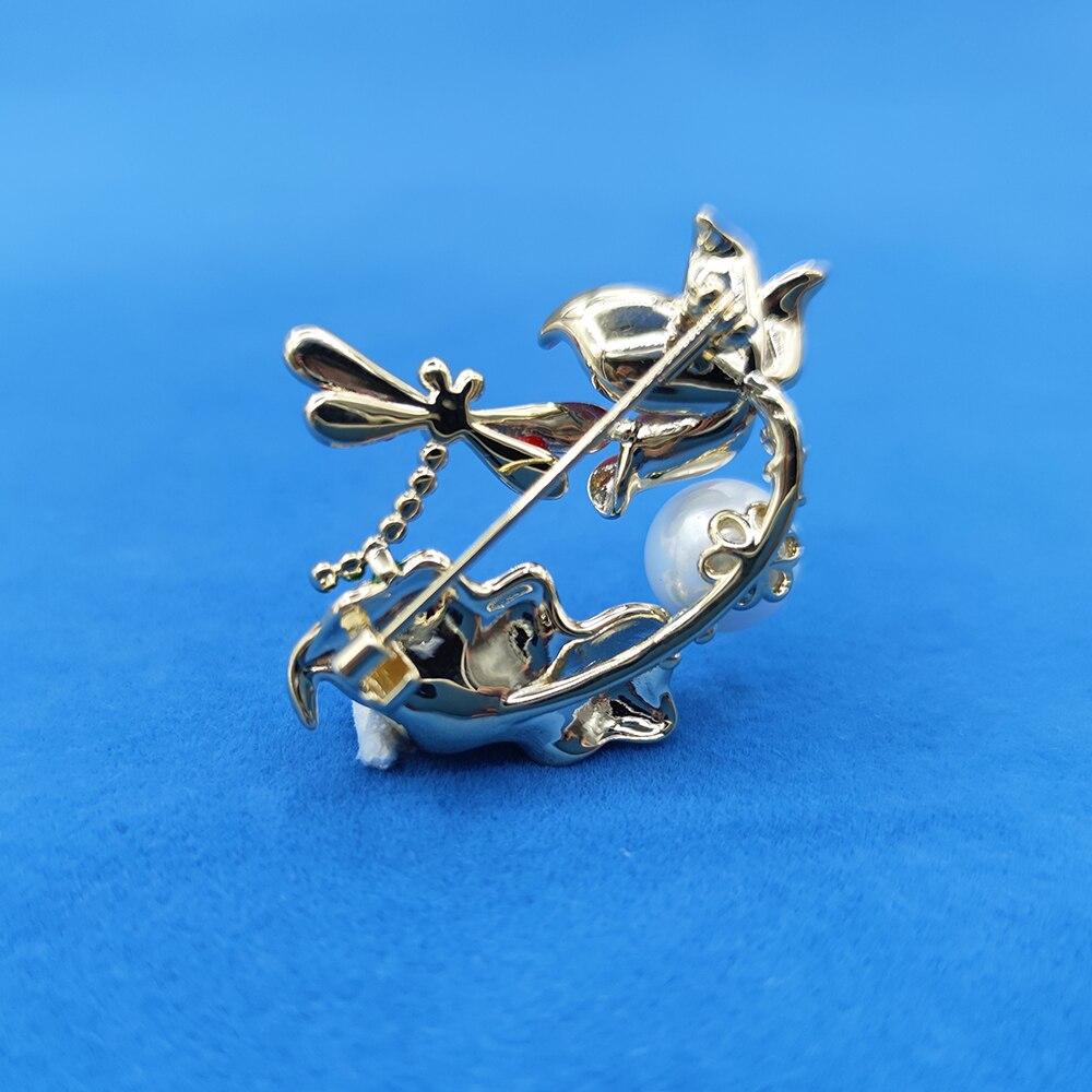 Blucome Red Dragonfly Lotus Shape Brooches Copper Corsage Suit Scarf Hat Pins for Women