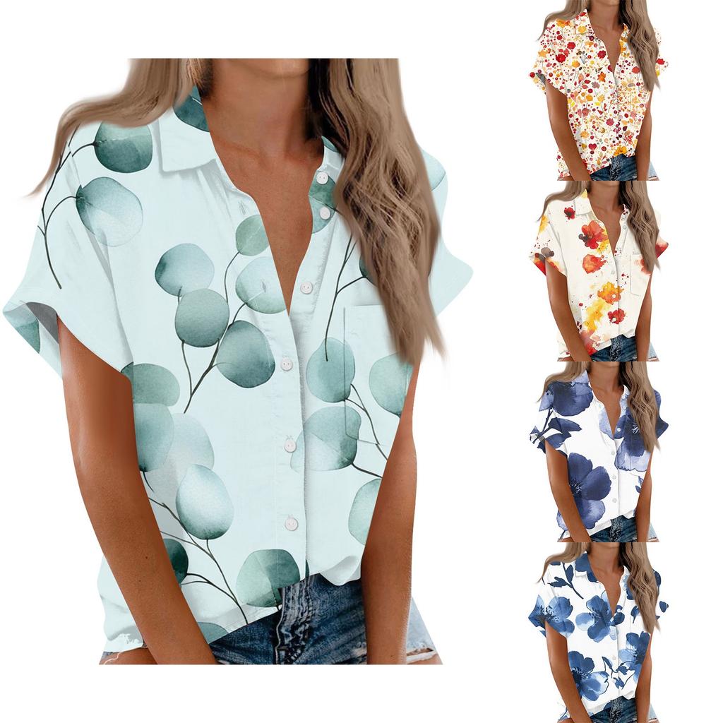 Women's Short Sleeved Shirt, Daily Fashion Printed Button Top, Chest Pocket Cardigan