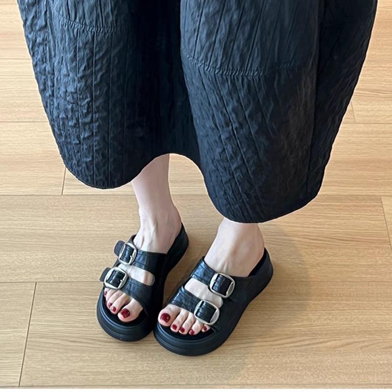 Retro soft leather open-toed slippers women's muffin thick-bottomed versatile French belt buckle cool slippers Xiaohongshu popular