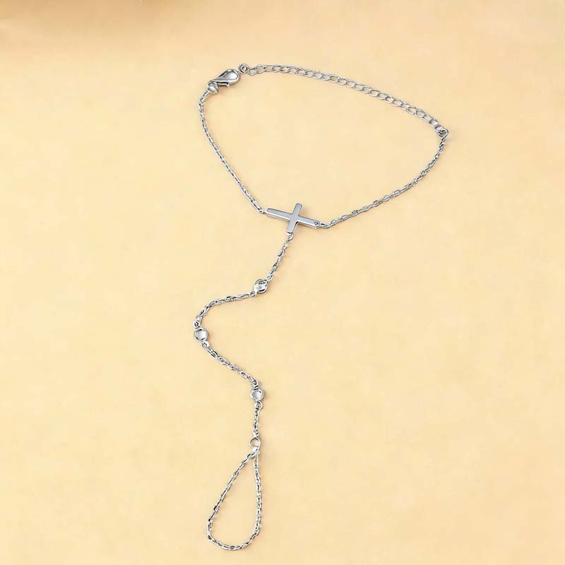 Fashion Metal Cross Finger Ring Bracelet for Women Exquisite Crystal Zircon Bead Link Chain Hand Bangles Wedding Jewelry Gift