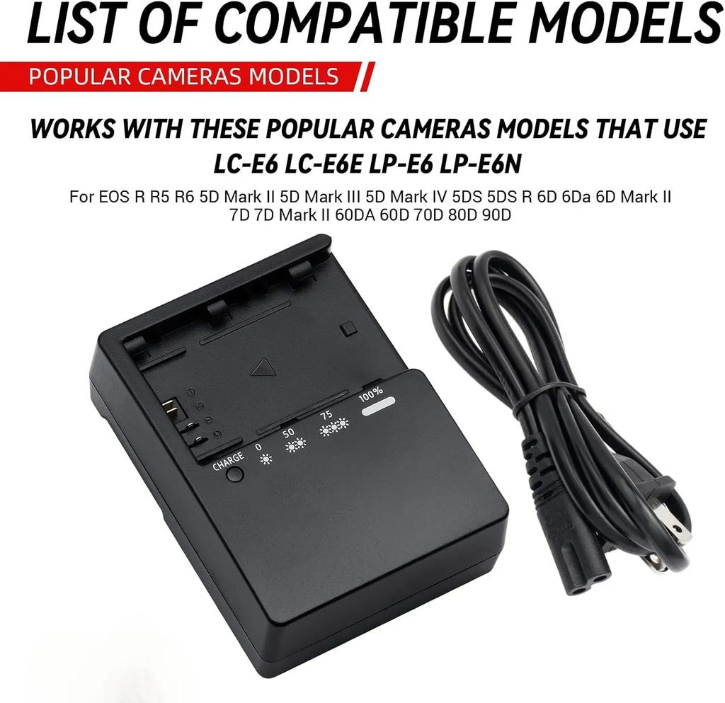 Зарядное устройство, совместимое с аккумуляторами Canon LP-E6 LP-E6N LP-E6NH, и камерами с зарядным устройством LC-E6 LC-E6E, Блок питания