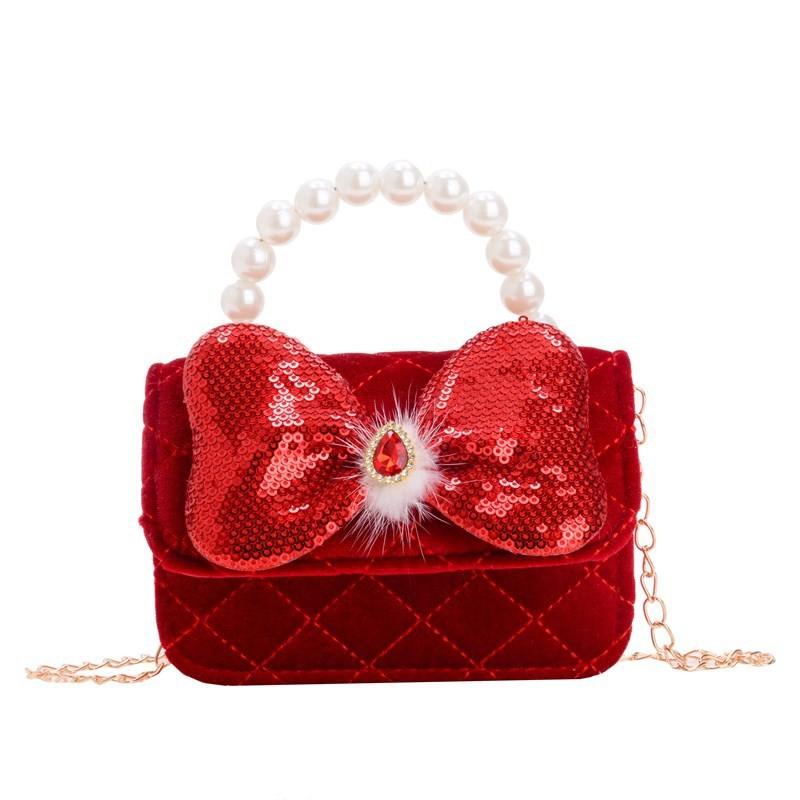 Red Delightful Cute Bowknot Childrens Handbag With Trendy Chain And Pearl Handle