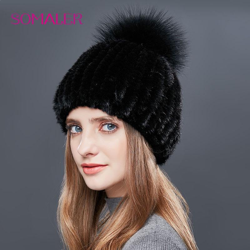 SOMALER Real Mink Fur Hat Female High Quality Thick Warm Winter Hats For Women Fashion Luxury Fur Pompom Beanies