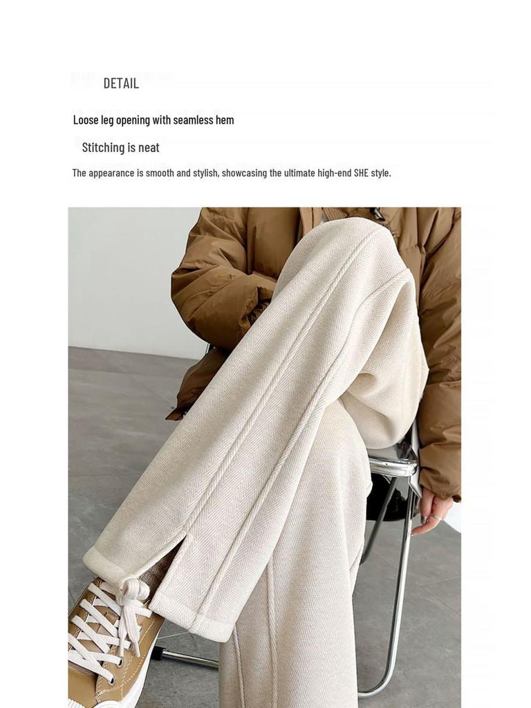 Женские брюки 2024 года из шерстяного флиса в елочку на подкладке с разрезом и прямыми штанинами для повседневной носки осенью/зимой