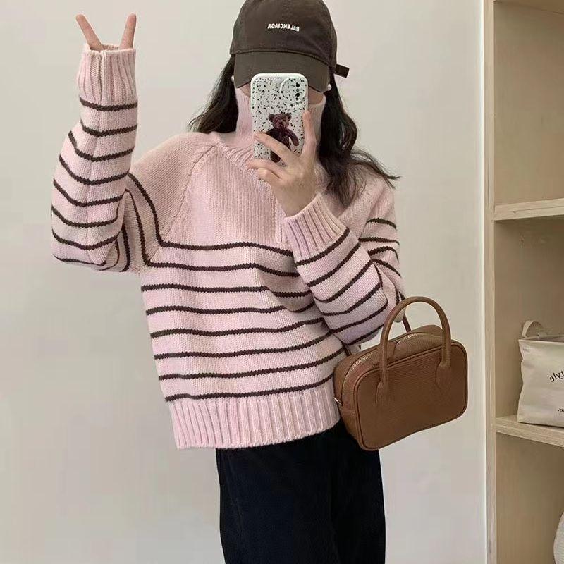 Pullover Female Versatile Design Sense Autumn Glutinous Contrast Loose Cover Flesh Stripe Knit Pullover Sweater Female Top