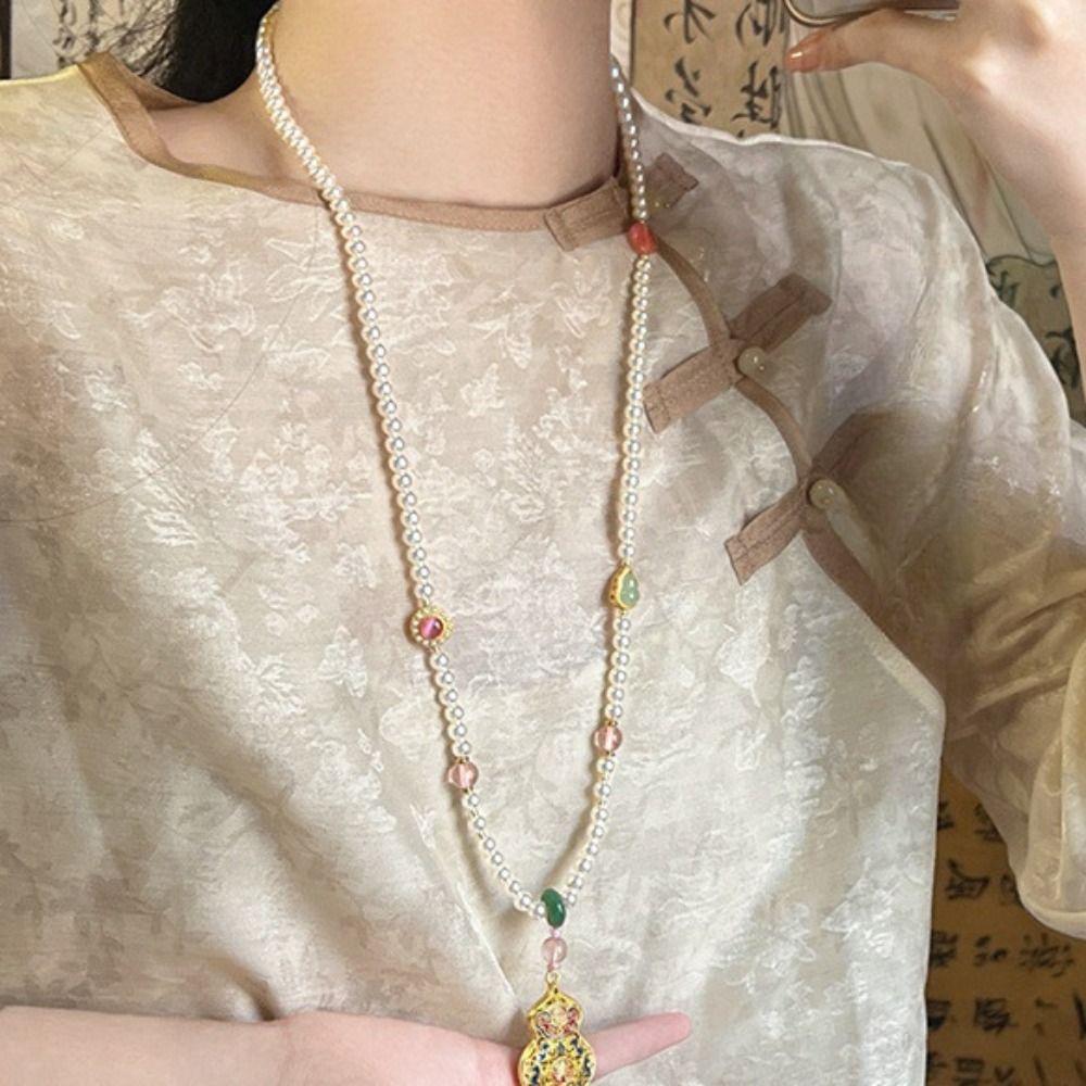 Zinc Zinc Alloy Pendant Pearl Beaded Necklaces Lucky Bag Vintage Sweater Chain  Cheongsam