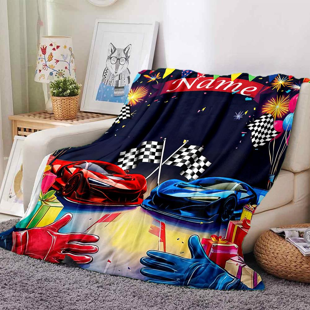 Race Car Birthday Celebration With Gifts And Checkered Flags Throw Customizable Blanket Customize Your Name Soft Warm Cozy For Sofa Couch Office Bed