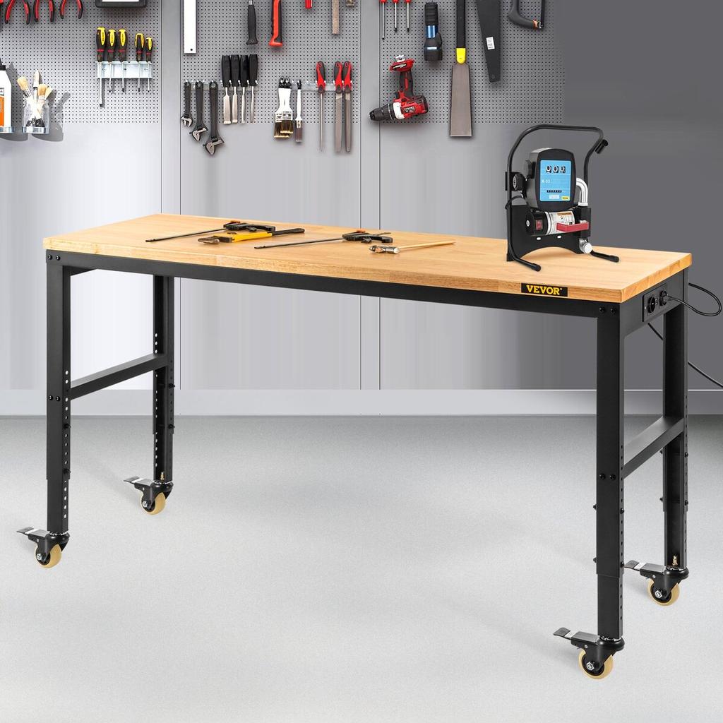 Workbench Adjustable Height, 122cm W X 51cm D X 104cm H Garage Table w/ 79 – 104 cm Heights & 720KG Capacity, with Power Outlets & Hardwood Top &