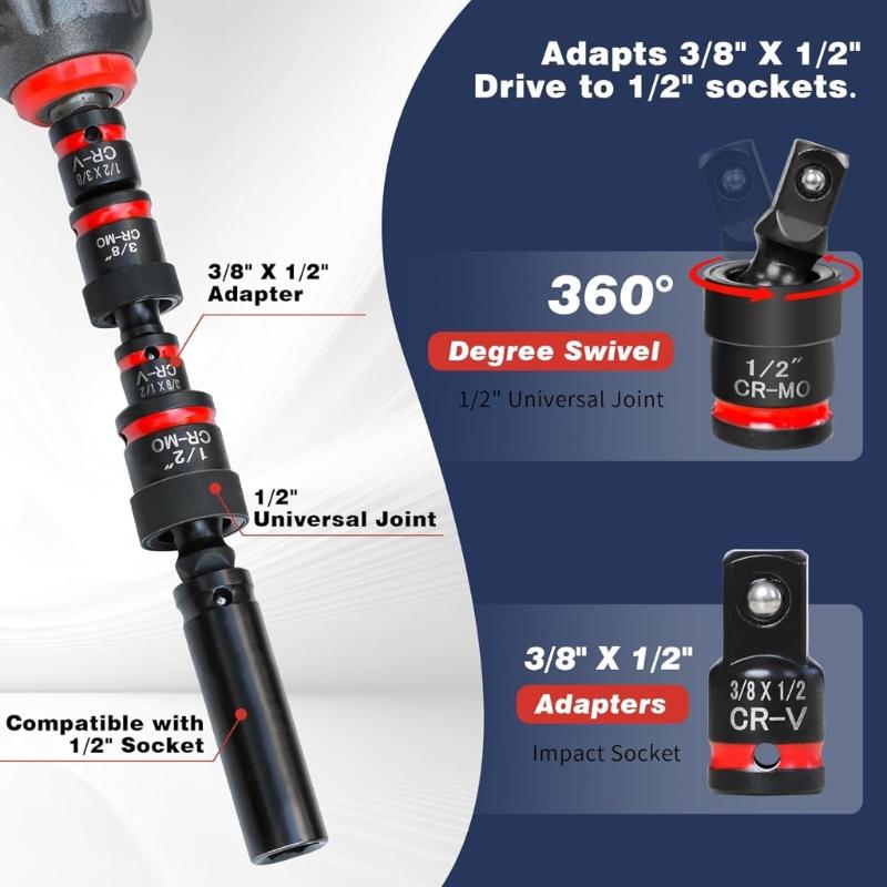Набор из 11 шт. ударных торцевых головок 1/4", 3/8", 1/2" с карданным шарниром для различных ремонтных работ