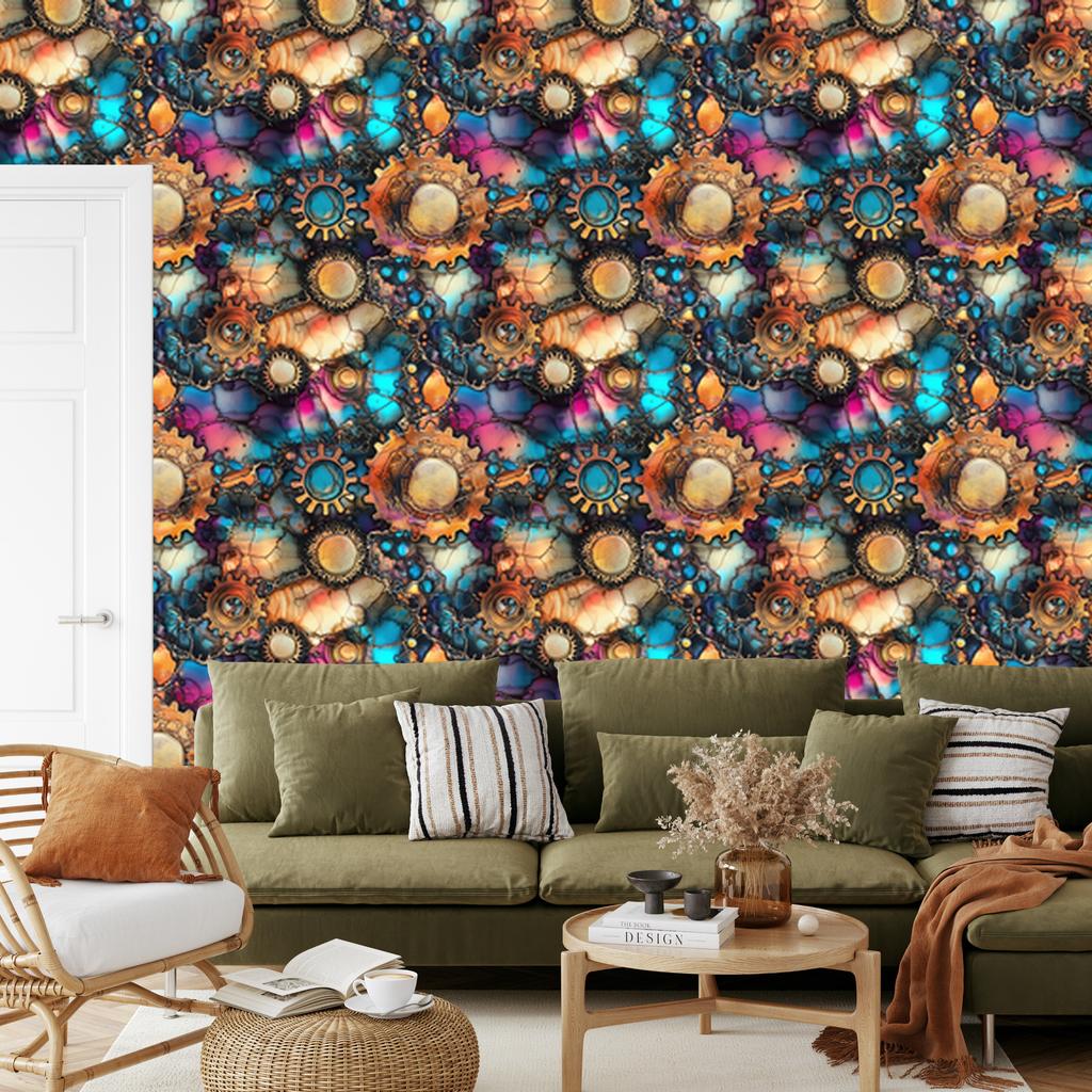 Ink Wallpaper Turquoise, Orange and Brown for Living Room and Bedroom 50x1000