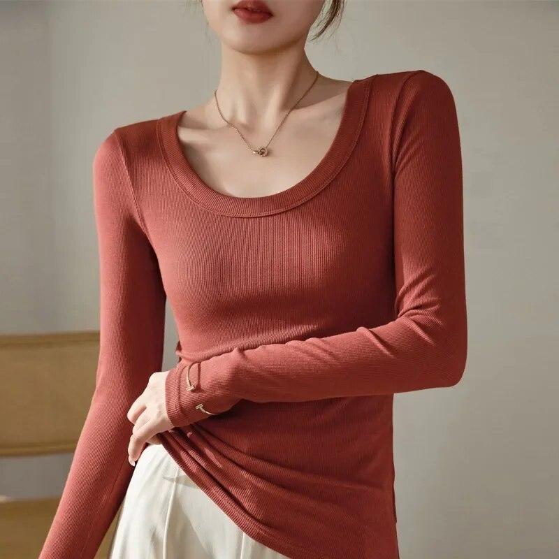 Модная футболка из чистого хлопка с U-образным вырезом, женские топы с длинным рукавом, свободная тонкая женская футболка, осенние однотонные женские повседневные футболки 30530