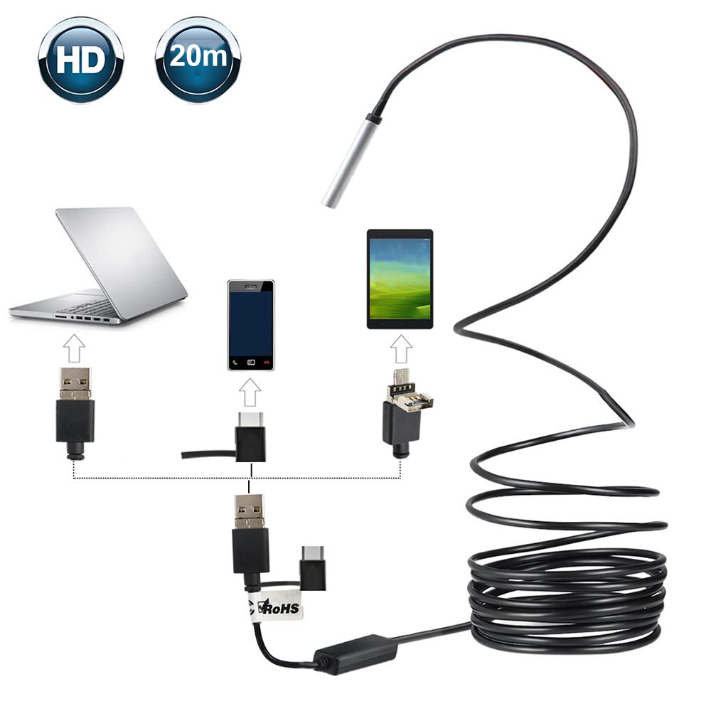 3-в-1 USB2.0 Micro USB Type-C Эндоскопическая инспекционная бороскопическая камера HD 5,5 мм Встроенная 6 регулируемых