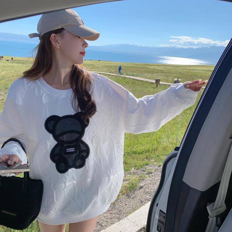 Женский корейский свитер с медведем, универсальные пуловеры снизу, топы с героями мультфильмов, уличная одежда, свободная толстовка, одежда