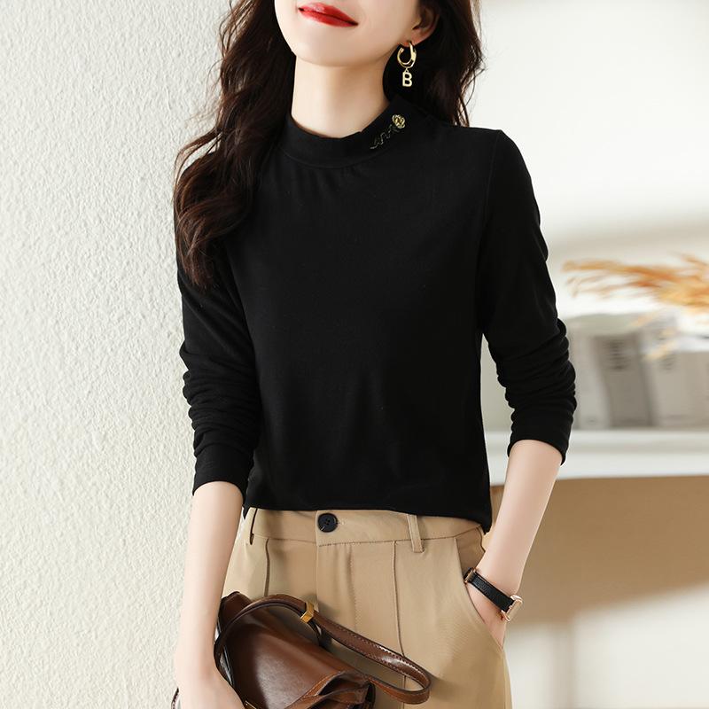 Новая осенне-зимняя футболка с длинными рукавами и полувысоким воротом из немецкого бархата для женщин, облегающего кроя и тонкой внутренней подкладкой