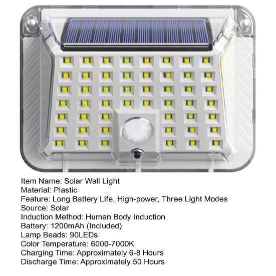 Уличная садовая лампа освещает ваше открытое пространство с помощью 90 светодиодов на солнечной энергии, 3 режима освещения, водонепроницаемый настенный светильник с датчиком движения