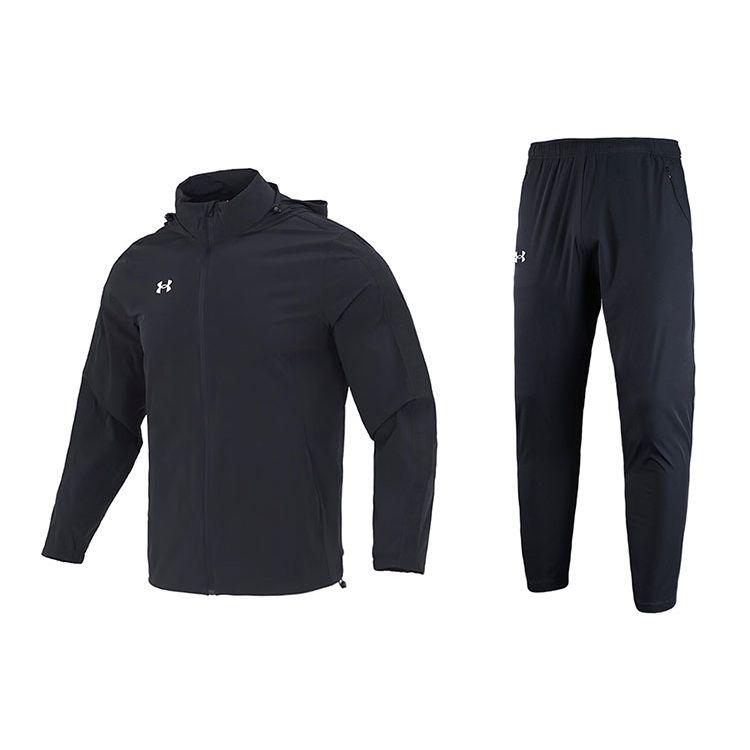 Under Armour Woven Solid Jacket Comfortable Breathable Long Pants Casual Sports Set Men Sets Black 22500408-001+22500706-001