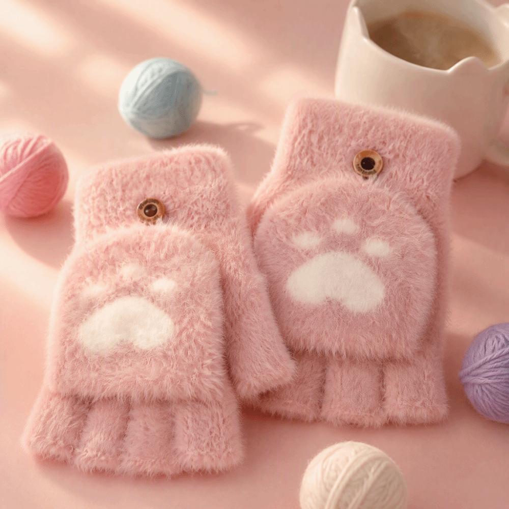 Soft Cat Paw Gloves Thicken Warm Plush Mittens Cartoon Style Half Finger Gloves Adults