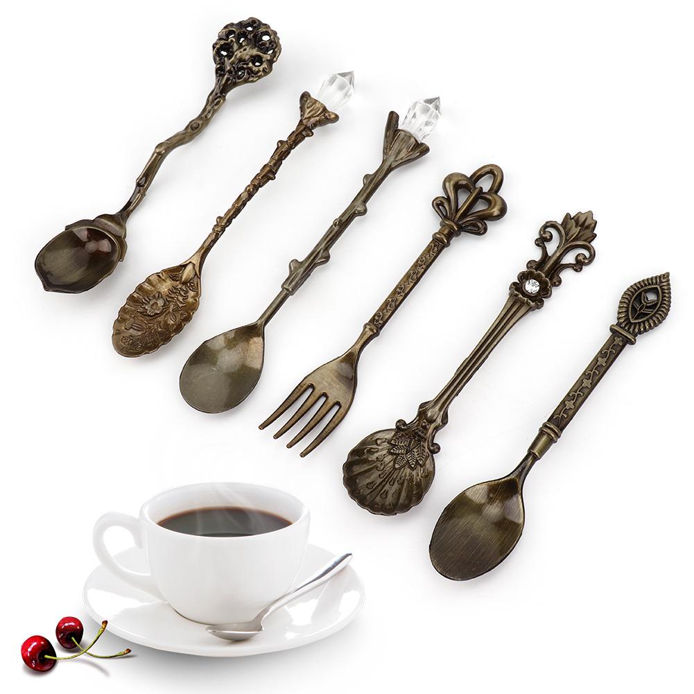 Набор из 6 предметов, инновационный винтажный ретро-набор ложек и вилок из цинкового сплава, столовые приборы, кухонные принадлежности(Зеленая бронза
