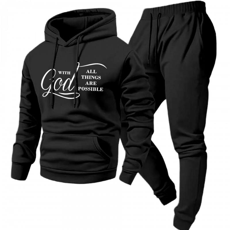 Mens Hooded Letter Print Sweatshirt Jogger Pants Set Fall Casual Two-Piece Outfit
