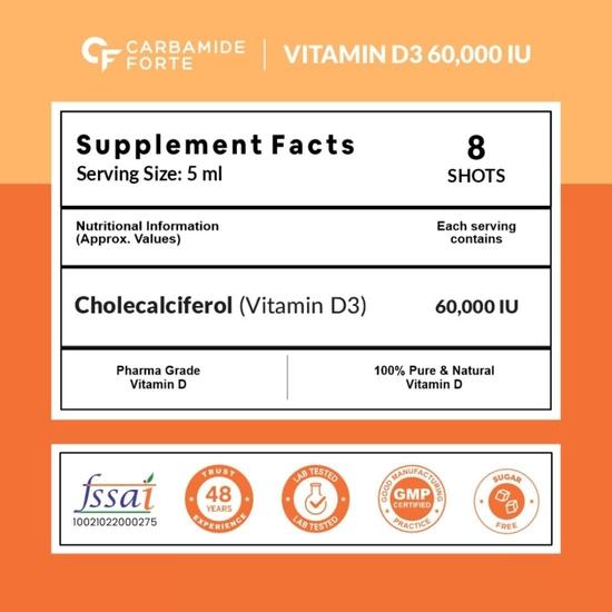 Carbamide Forte Vitamin D3 60000iu Shots | Vitamin D3 60000 Iu Sugar Free Oral Solution – 5ml Orange Flavour (Pack of 8)