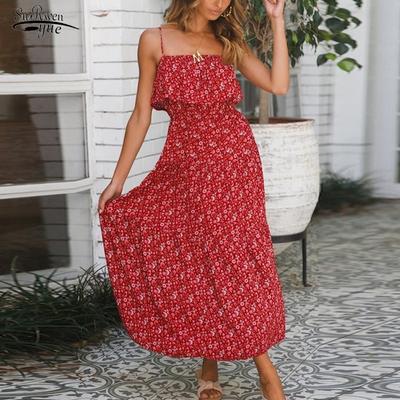 Праздничное платье трапециевидной формы с цветочным принтом, женское платье 2022, богемное платье с рюшами на бретельках и принтом, повседневное пляжное платье с высокой талией на бретелях, Vestidos 21905