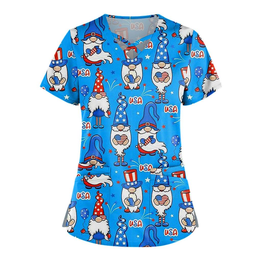 Plus Size Cute Printed Scrub Working Uniform Tops For Women Cross V-Neck Short Sleeve Fun T-Shirts Workwear Tee With Pockets