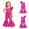 Baby Girls Birthday Party Photography Outfit Glittery Metallic One Shoulder Ruffled Sleeve Romper with Adjustable Strap and Bell-bottom Jumpsuit