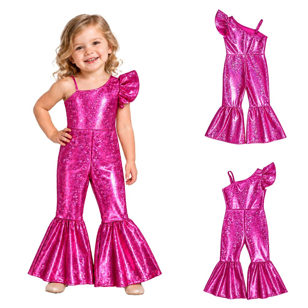 Baby Girls Birthday Party Photography Outfit Glittery Metallic One Shoulder Ruffled Sleeve Romper with Adjustable Strap and Bell-bottom Jumpsuit