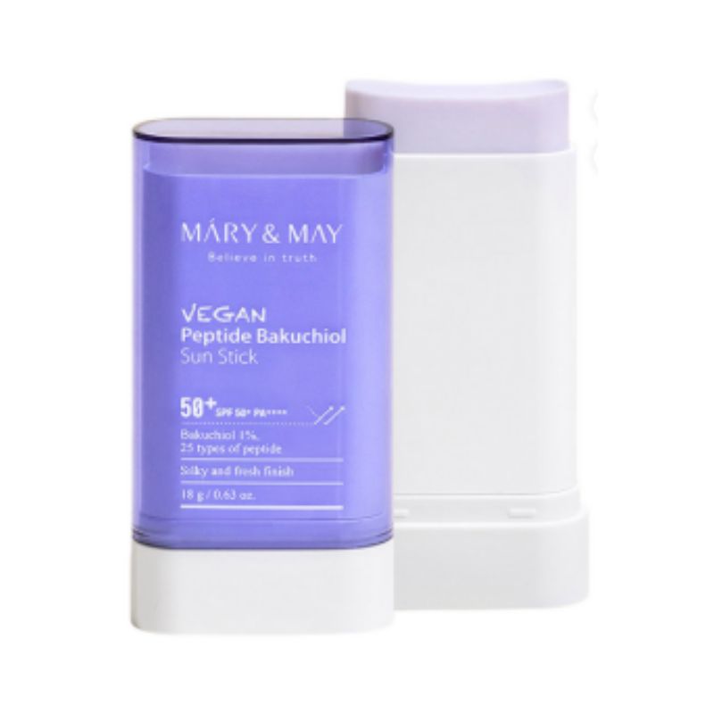 MARY & MAY Vegan Peptide Bakuchiol Smooth Sun Stick SPF50+ PA++++ 18ml – Portable Anti-Aging Sunscreen Stick for Wrinkle Care & UV Protection