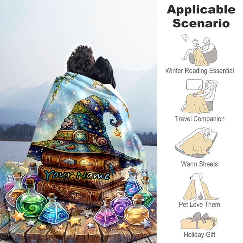 1PC Custom Name Magic Hat Potions flannel blanket versatile,all-season throw suitable for the living room,bedroom,camping,travel,and gift