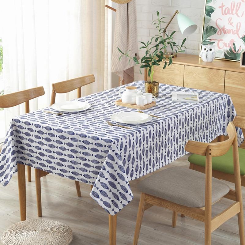 Blue Fish Pattern Dense Cotton Linen Fashion Banquet Table Cover Wedding Table | Tablecloths