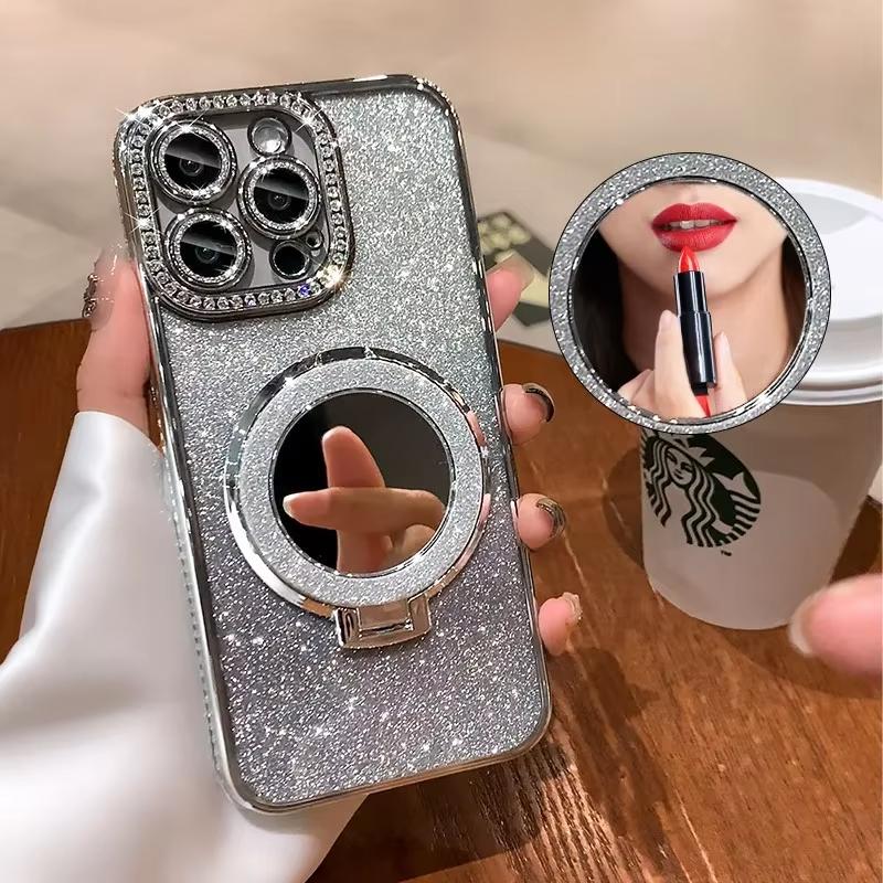 Роскошный прозрачный чехол с блестками и магнитами для iPhone 16 15 14 13 12 11 Pro Max Plus С зеркалом Держатель-подставка Мягкая крышка
