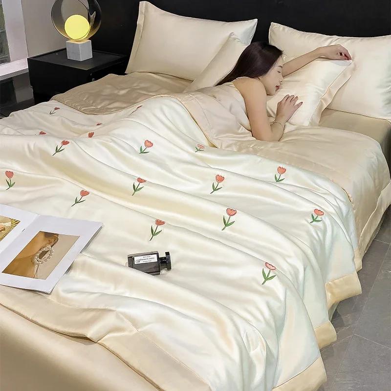 Высококачественное вышитое весенне-летнее одеяло, комплект из 4 или 3 или 1 роскошное приятное для кожи летнее одеяло, легкое одеяло