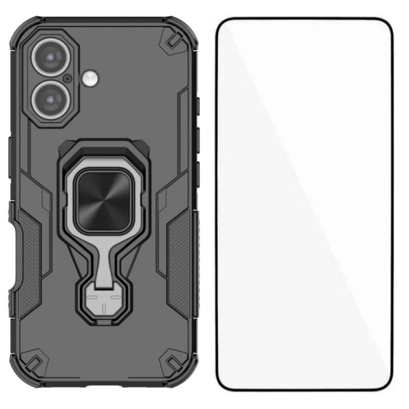 For iPhone 16 Phone Case WANLONFENG PC TPU Back Cover Kickstand with Tempered Glass